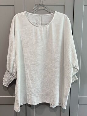 Women's White Crinkle Tunic with Smocked Cuffs